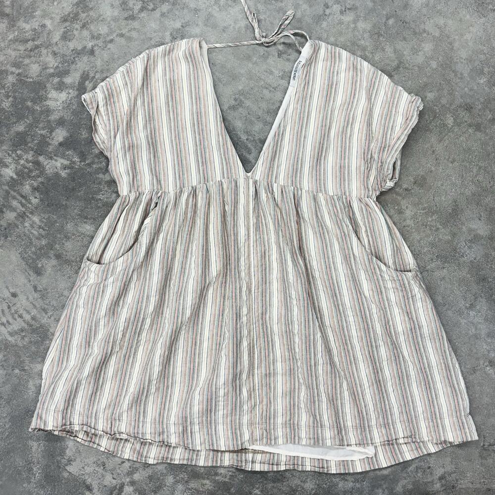 Urban Outfitters Dress Womens L Serendipity Mini Babydoll Wide Boxy Linen Stripe - Picture 3 of 11